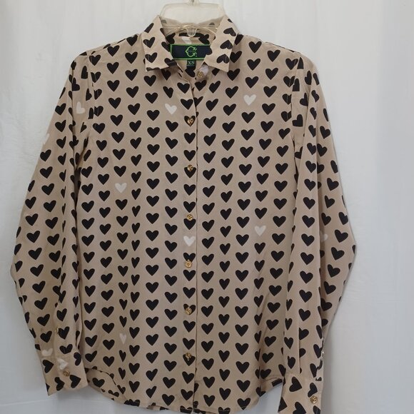 C.WONDER 100% SILK HEART PRINT BUTTON UP SHIRT  BLOUSE - Picture 1 of 10